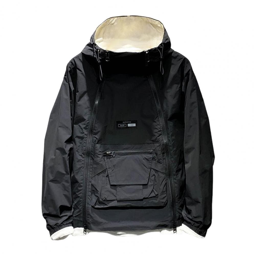 Men Trench Coat Hooded Drawstring Long Sleeve Double Zipper Cargo Tops Solid Color Large Pocket Street Style Outwear XXXL black