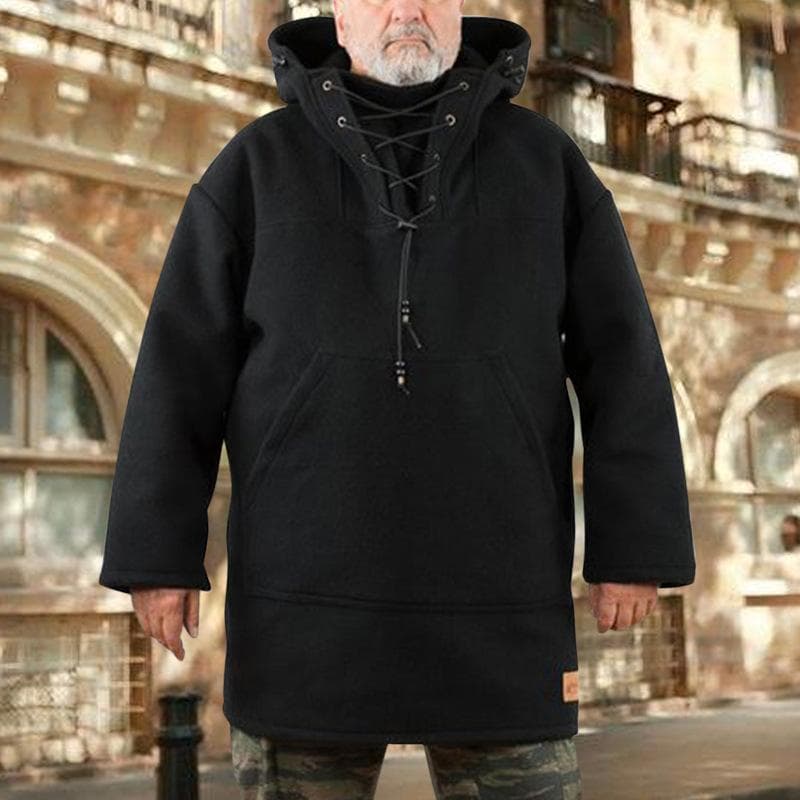 Men Fashion Warm Wool Hoodie Pullover Viking Lace Up Thicken Anorak Medieval Coats Cosplay Costume 4XL black