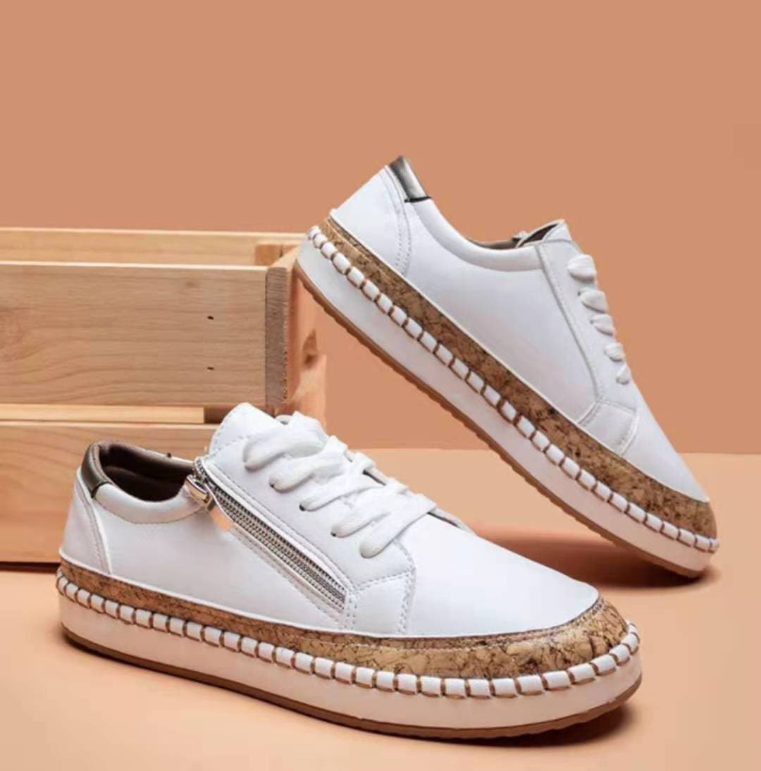 Color Matching Printed Lace-up Flat Single Shoes Women's New Light Mouth Casual Shoes Board Shoes Women's Sports Shoes 44 white
