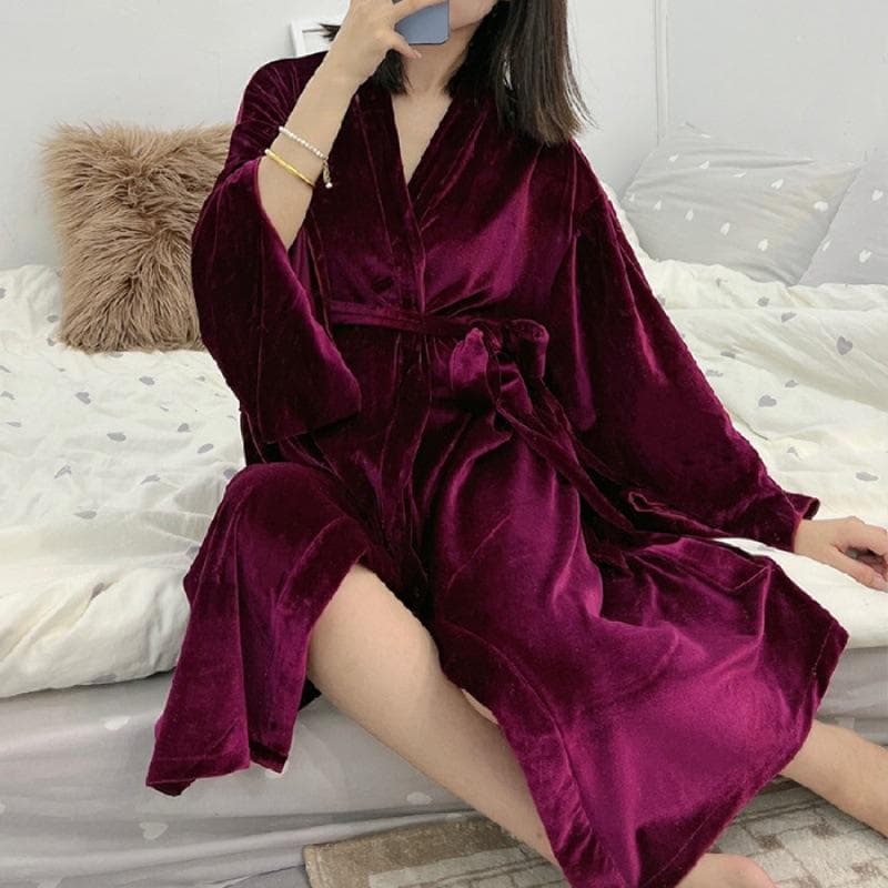 Loose Kimono Nightgown Winter New Robe Women Nightwear Bride Wedding Bathrobe Warm Velour Sleepwear Loungewear Intimate Lingerie L purple