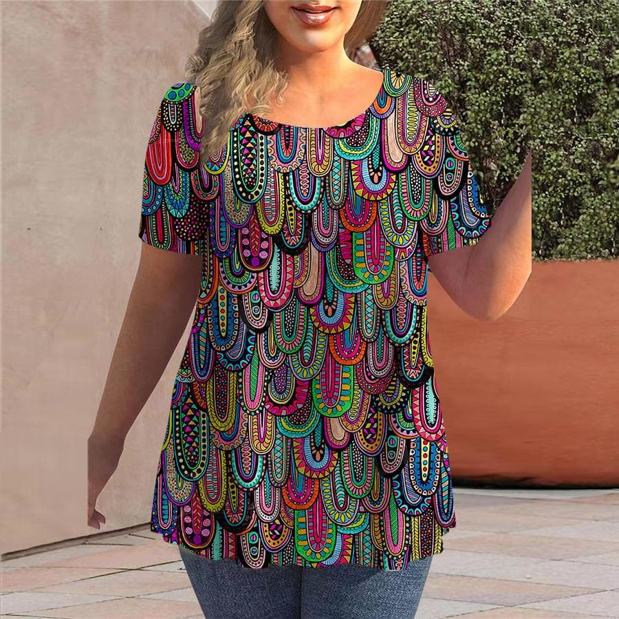 Women Summer T Shirt Colorful Embroidered Feather Print Short Sleeve Tees Casual Printed Tops 8XL red