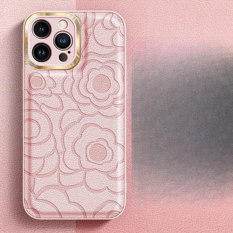 Advanced Sense Applicable To IPhone16ProMax Mobile Phone Case Camellia Leather Pattern Apple 15 Hardware Ring Protective Case 13 iPhone12