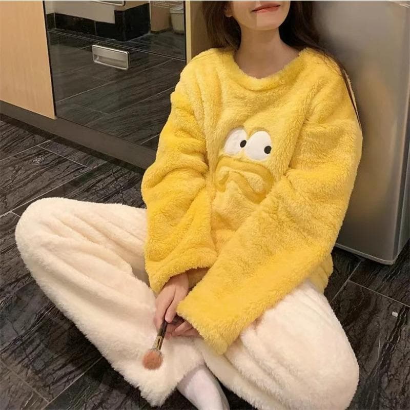 Women's Winter Warm Pajamas Sets Comfortable Long Sleeved Print Color Jacquard Thickened Loose Fleece Pullover 2 Piece Sets M
