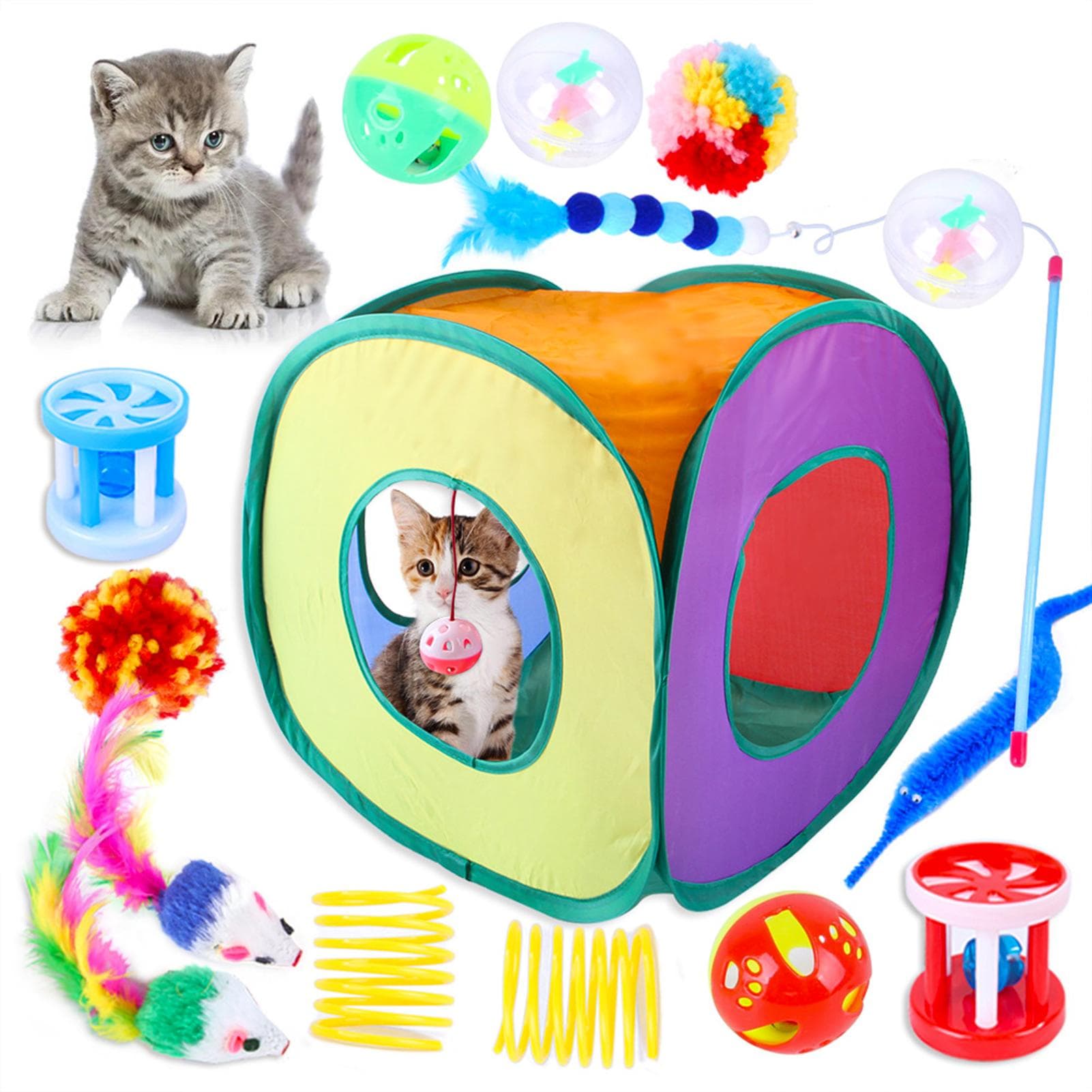 Cat Toys 15PCS Kitten Toys Set Interactive Cat Toys for Indoor Cats With Collapsible Cat Tent multicolour