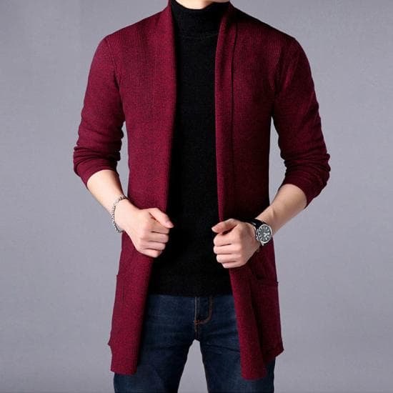 2024 Sweater Coats Men Fashion Autumn Men's Slim Long Solid Color Knitted Jackets Fashion Male Casual Sweaters Cardigan Outwear M wine red