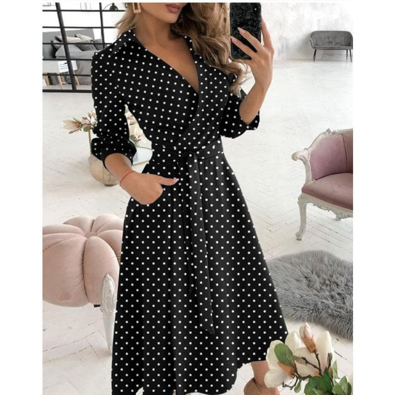 Fashion Long-sleeved V-neck Printed Hip-wrapped Dress Women's Clothing XXL