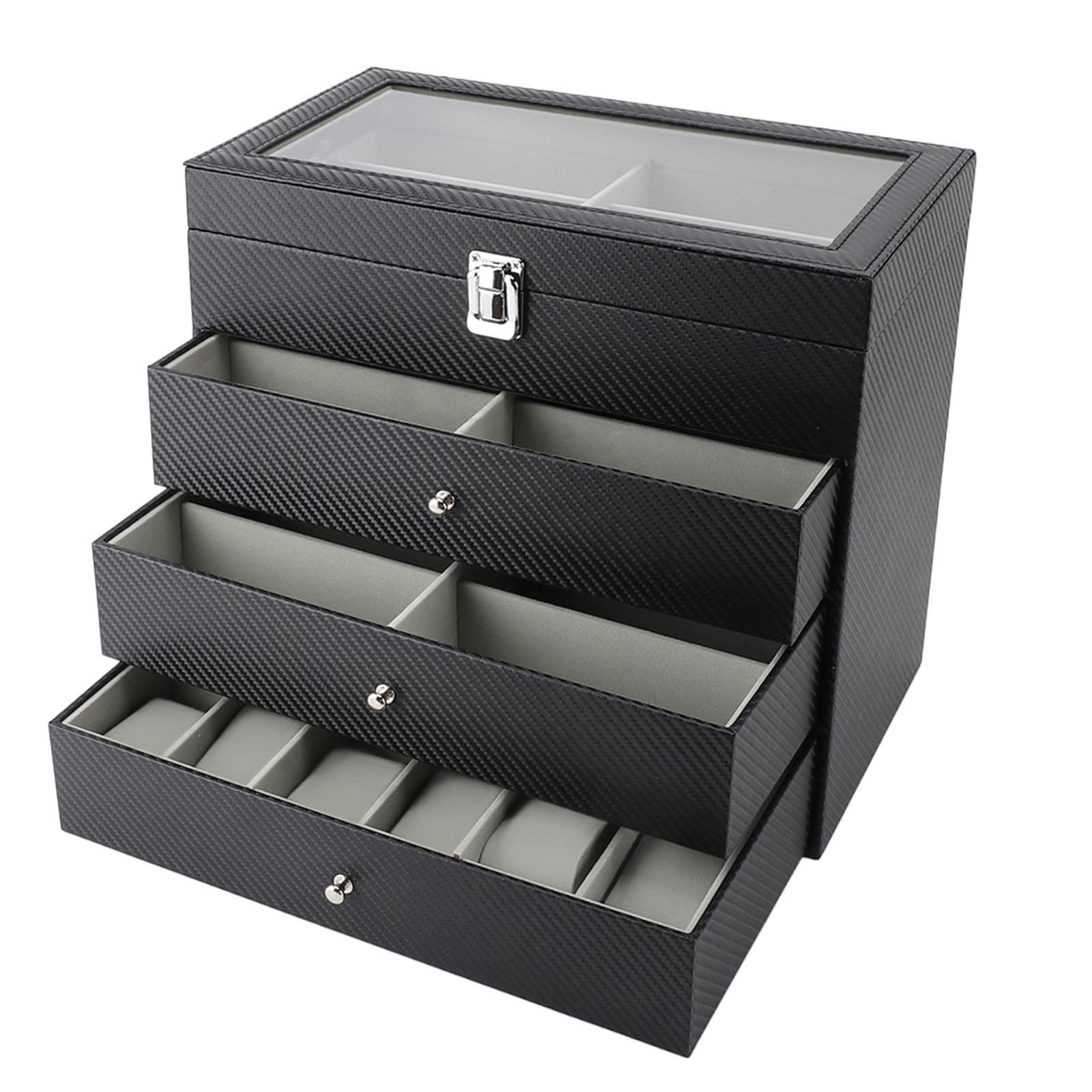 Glasses Display Case Carbon Fibre Grey Liner 4 Tiers 27 Slots Sunglass Glasses Storage Holder Box