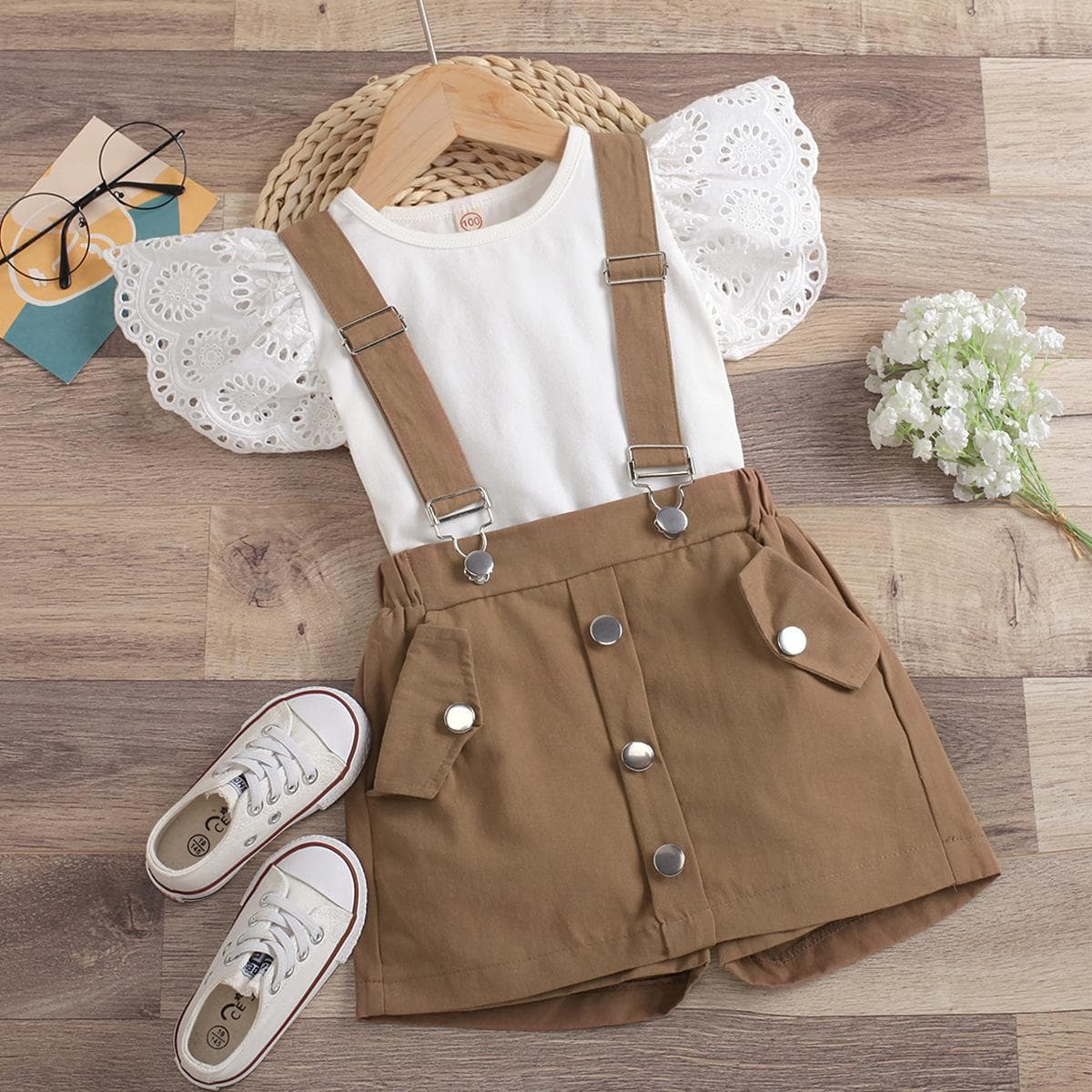 Kids Baby Girls Summer Fly Sleeve Tops Solid T-shirts Overalls 2pcs Suits Toddler Children Casual Clothes Sets 100 brown