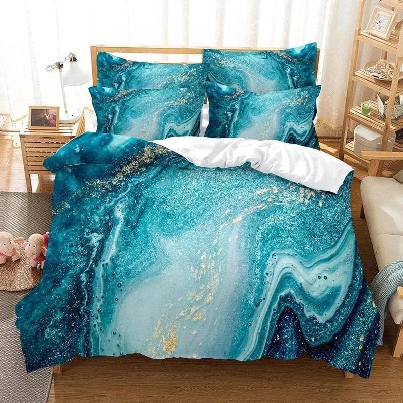 Chic Girly Marble Duvet Cover Abstract Geometric Bedding Set Microfiber Glitter Blue Comforter Cover King Queen for Kid Teen Boy 155x215cm 3pcs