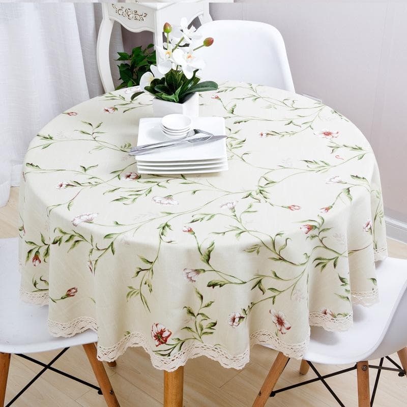 Garden Tablecloth Cotton Small Flower Print Linen European Round Table Cloth American Country Green Wavy Lace Party Decoration Round Diameter 140cm