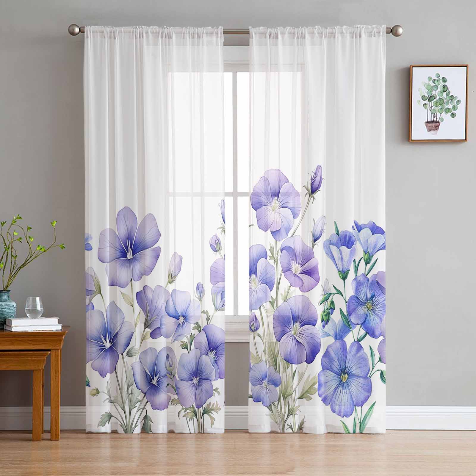 Watercolor Hand-Painted Trumpet Flower Tulle Window Curtains for Bedroom Luxury Home Decor Drapes in Living Room Chiffon Panels 135W x 114H(cm)