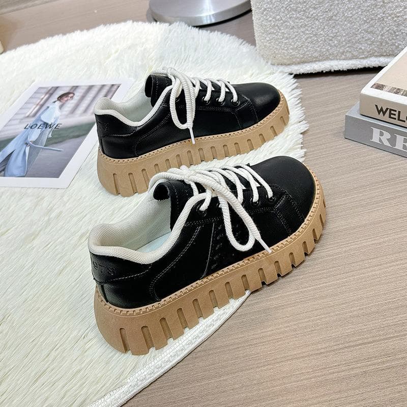 Spring New Thick-soled Muffin Shoes Female Korean Version of The Round Head All-match Wheat Ear White Shoes Students Street Shooting Trend 40 black