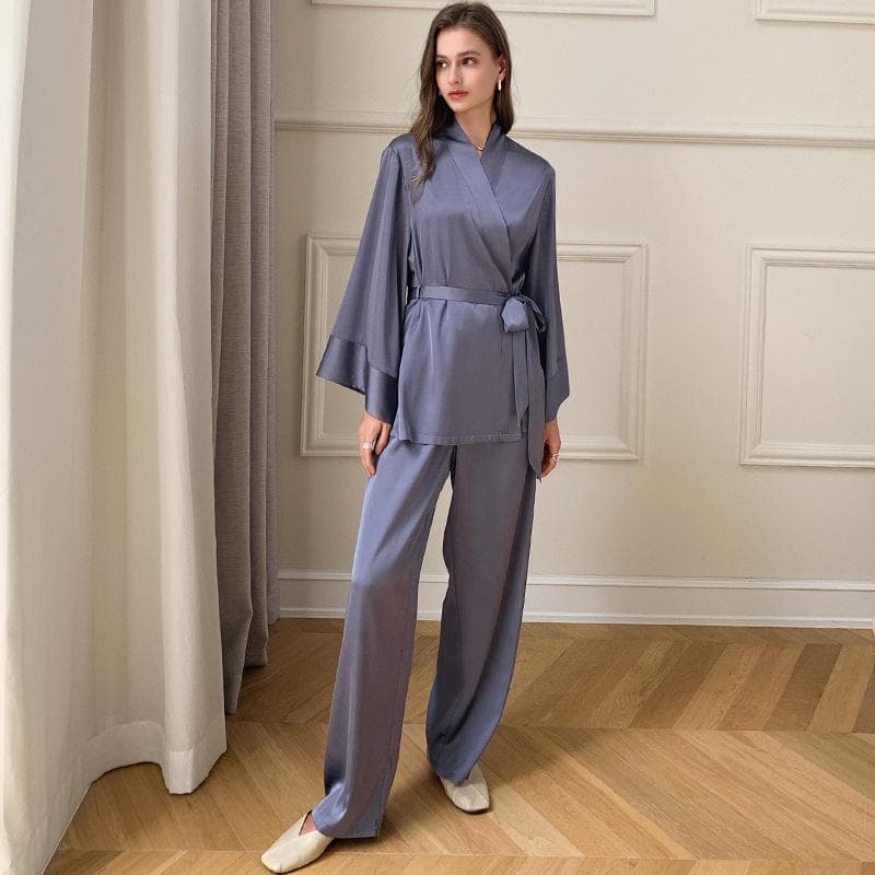 New Style Pajamas for Women Spring and Summer Long-sleeved French Ice Silk Satin Chiffon Home Wear Thin Set XL