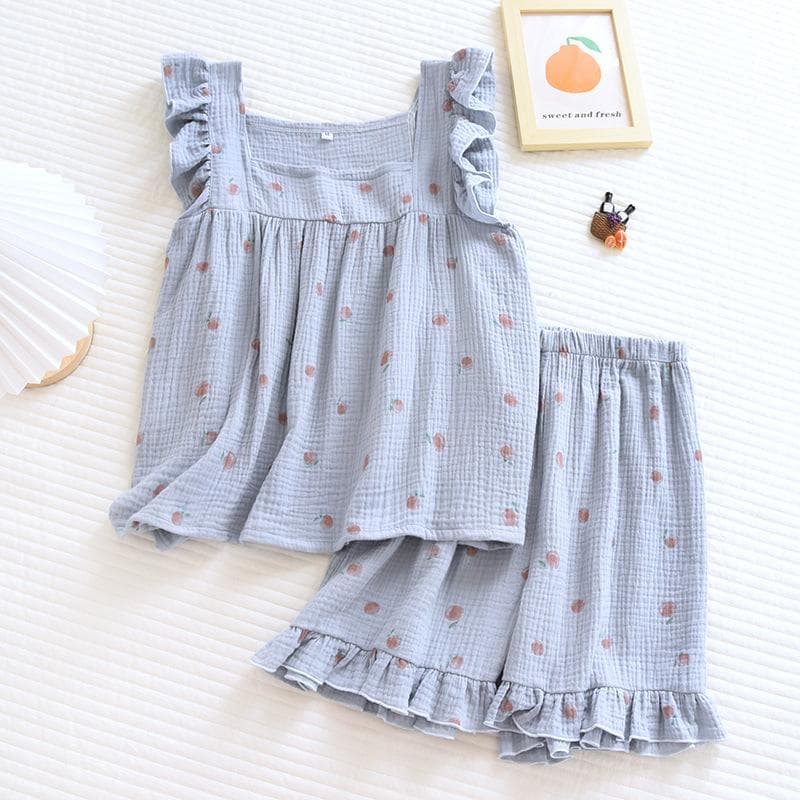 Summer, Flounce Shorts, Cotton Suspenders, Pajamas, Women's Summer Home Clothes, Two-piece Suit, Summer XL blue