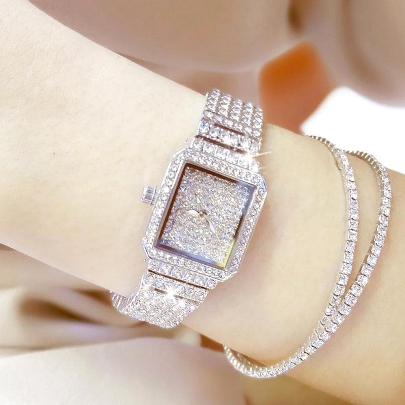 Full Diamond Quartz Women Silver Watches Luxury Brand Crystal Square Female Wristwatch Rhinestone Ladies Clock watch&Bracelet silver