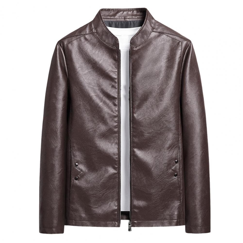 Men Imitation Leather Jacket Stand Collar Long Sleeve Zipper Closure Windbreaker with Pockets Fashion Coat L coffee