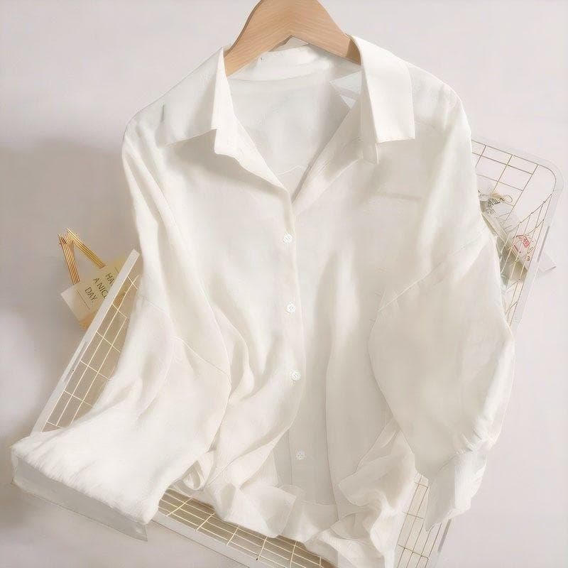 Summer Long-sleeved Sun Shirt, Women's Thin Loose Jacket, Trendy Versatile Tops, Women's Outer Wear Inside Ladies Tops 3XL 151-82.5 kg white
