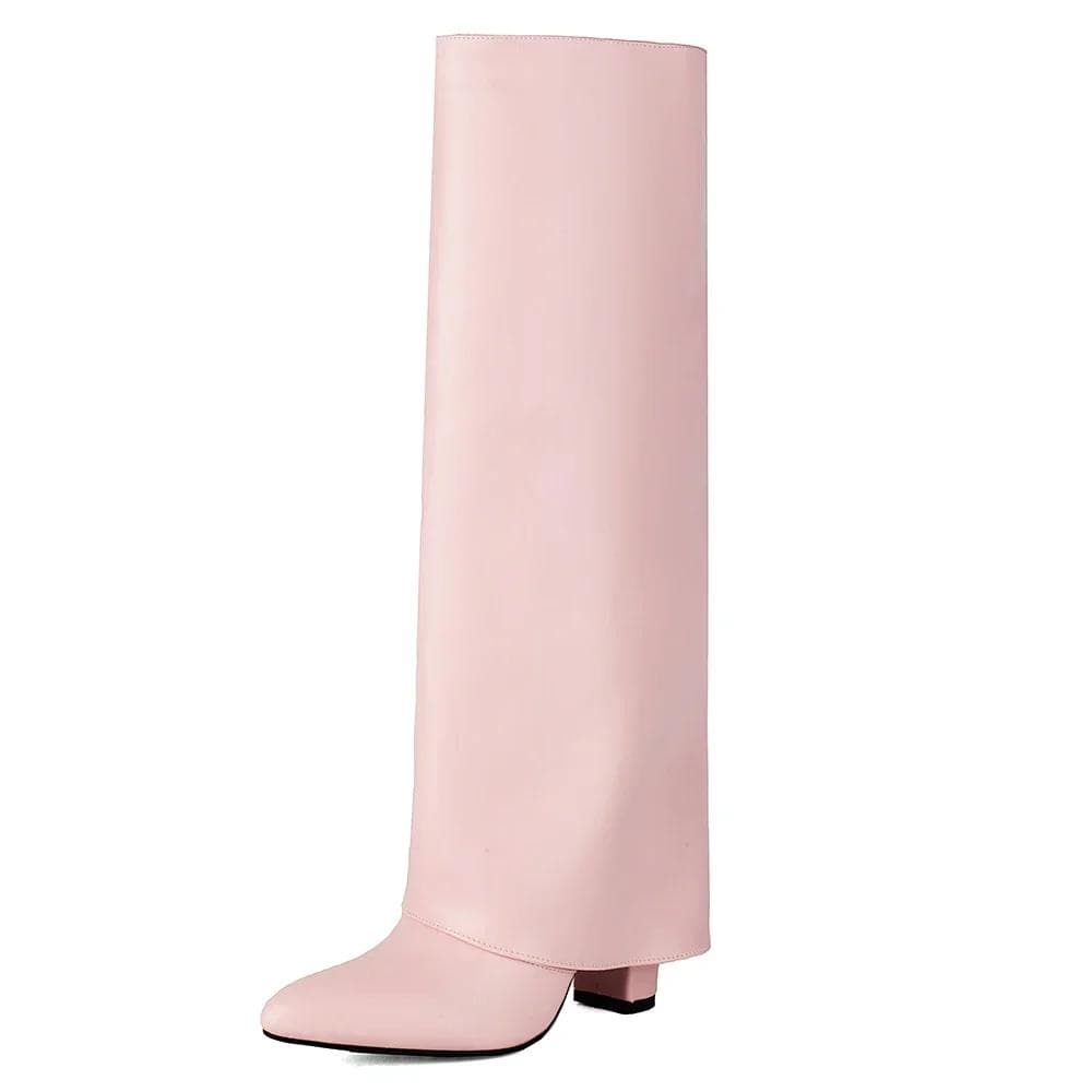 2025 Brand New Luxury Knee High Women's Fold Boots PU Leather Pointed Toe Long Boot Thick Soled Designer High-heeled Shoes 39 pink