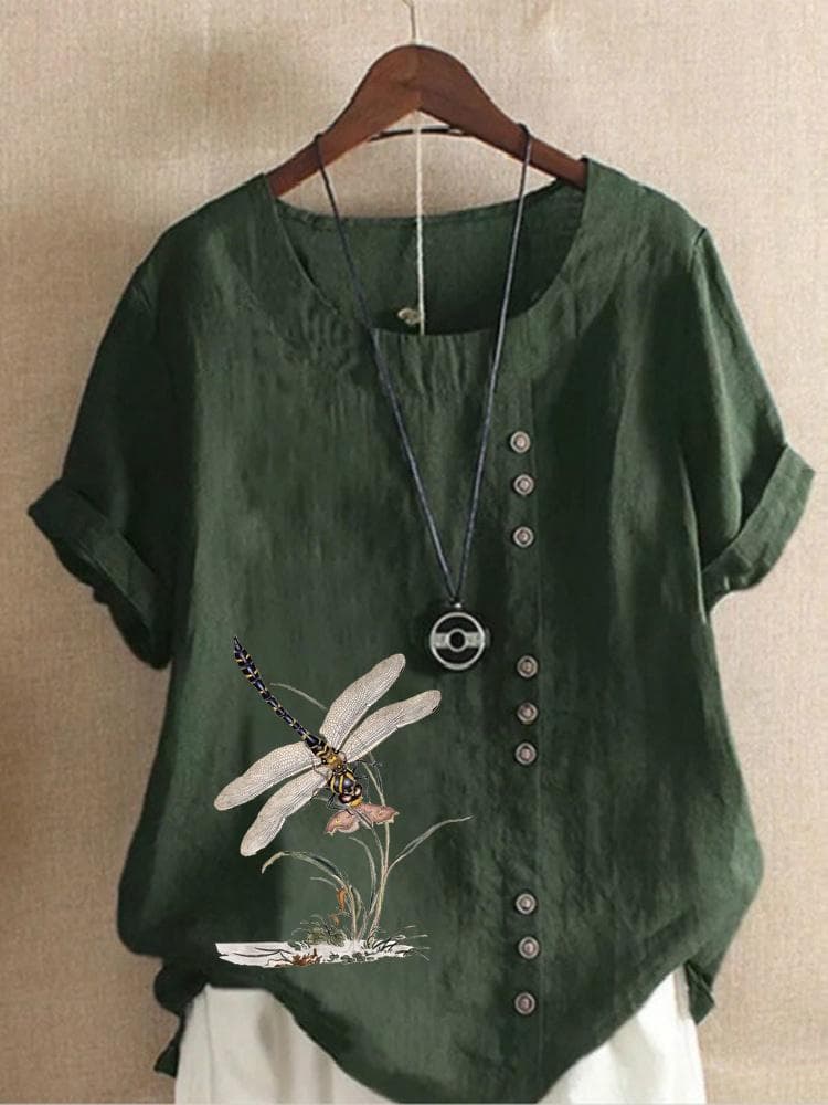 Summer Casual Dragonfly Print Loose T-shirt Retro Cotton and Linen O-neck Plus Size Short-sleeved Women's Top XS-5XL L army green