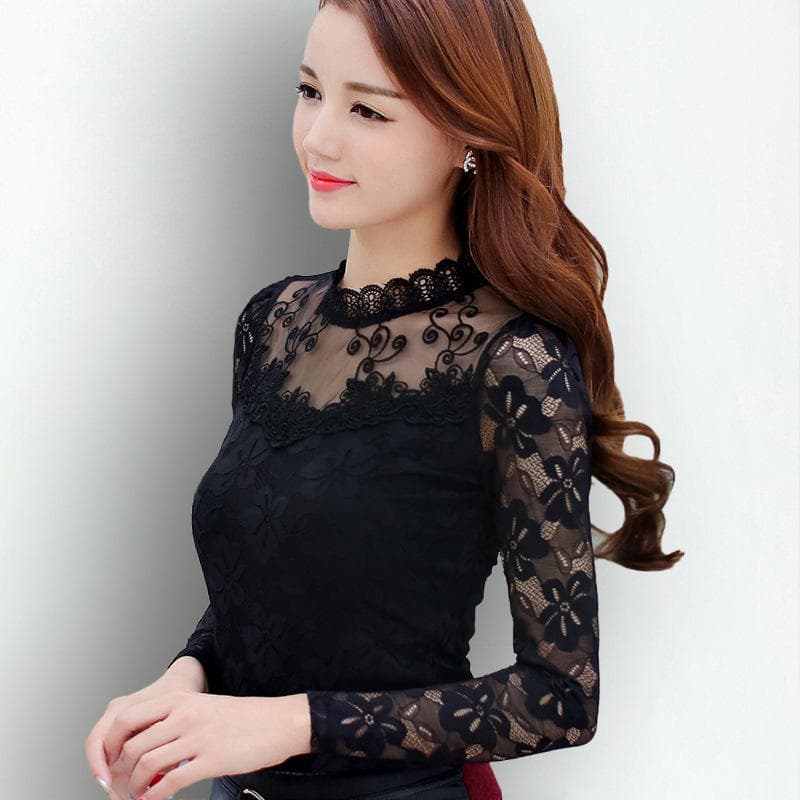 Stand Up Collar Base Women's Plus Size Hollowed Out Lace Shirt Long Sleeved Mesh Outer Wear 5XL black