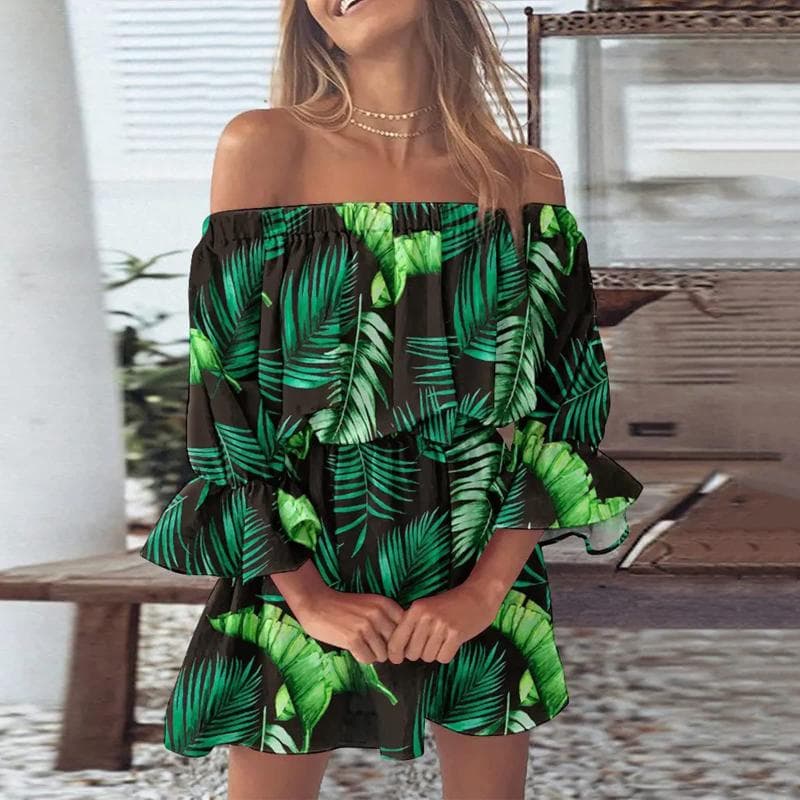 Women Floral Print Mini Dresses Summer Sexy Off Shoulder Flare Sleeve Tunic Dress Female Casual Boho Beach Dress M green