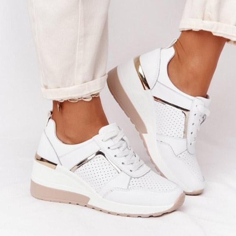 Women Shoes Breathable Leather Lace-Up Sneakers Wedge Sports Shoes Women's Vulcanized Shoes Casual Platform Ladies Office Flat88 35 white