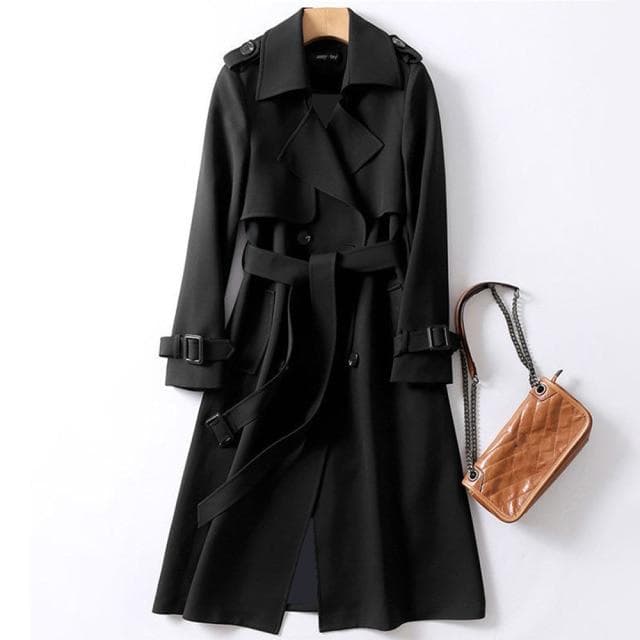 Women's Windbreaker Long Spring And Autumn New New Solid Color Temperament Long-sleeved Lapel Double-breasted Japanese XXL black