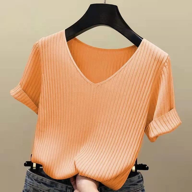Short-sleeved T-shirt Women's Summer Korean Version Slim-fit Half-sleeved V-neck Knitted Bottom Blouse Blouse Woman S orange