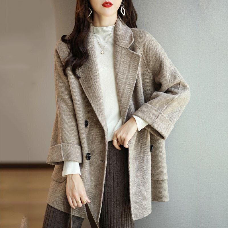 Suit Collar Temperament Woolen Women's Spring and Autumn Winter New Herringbone Patterned Coat Loose Slimming Jacket 3XL recommends 130-70kg khaki