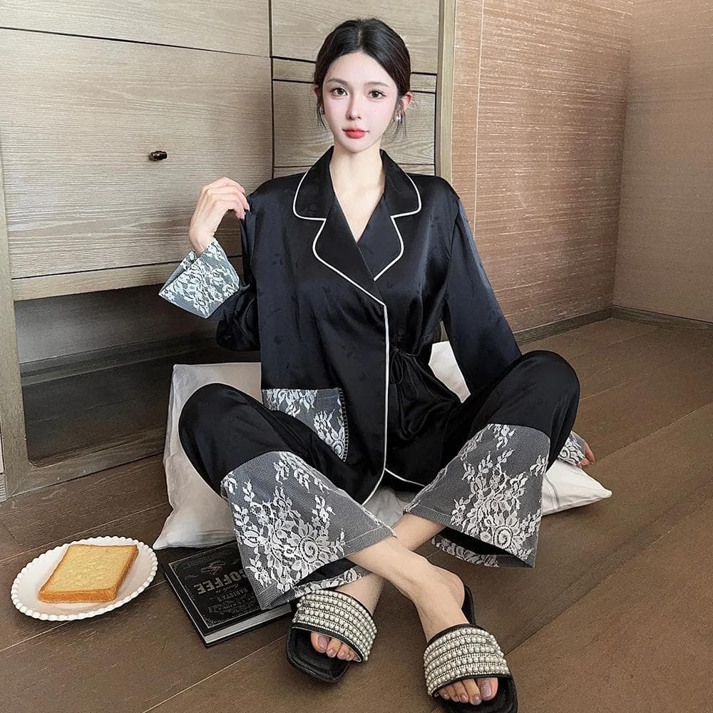 Jacquard Gauze Sleeves Home Clothes Autumn New Pajamas Women's Ice Silk Lace Sleeves Pajamas Home Clothes XL black