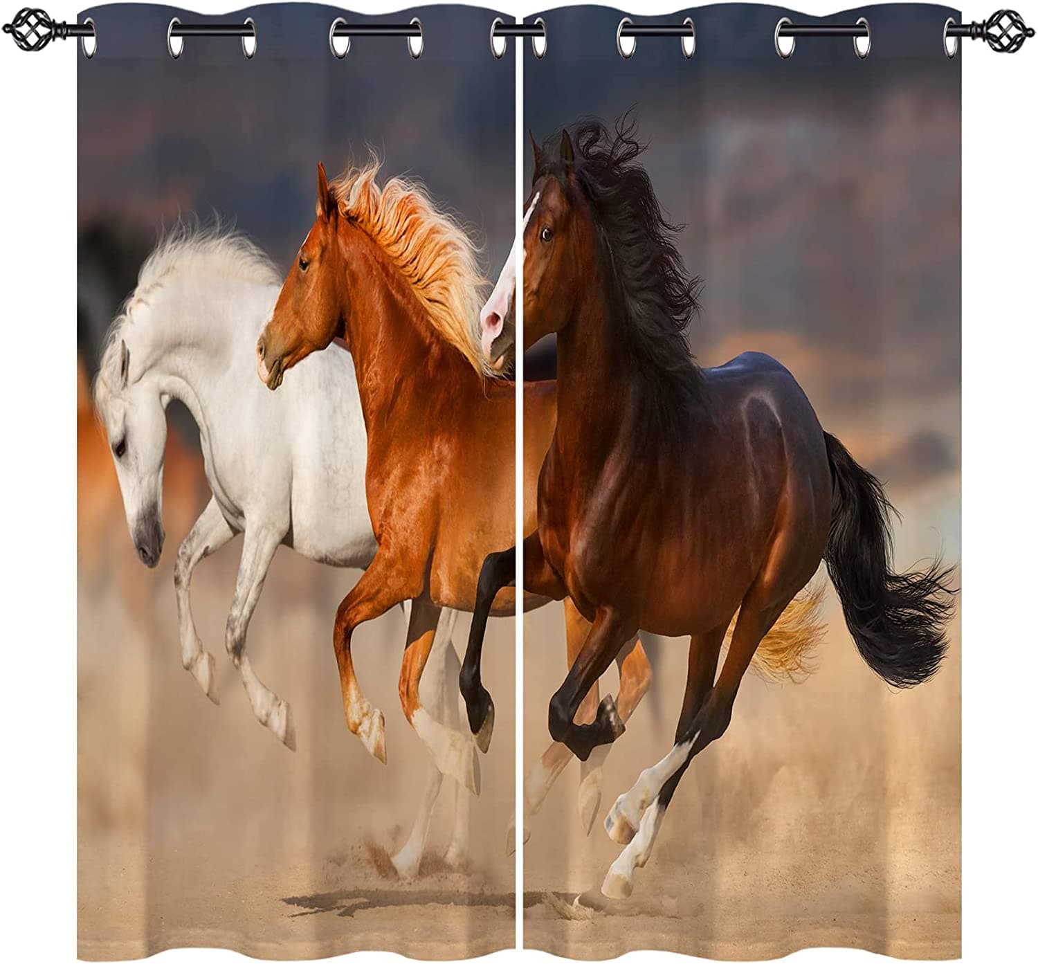3D Print Pattern of Painting Art Horses Running on Forest River Creek Curtains 3D Print Window Curtains For Bedroom Living Room 100W160H(CM)40x63in&Grommet Top