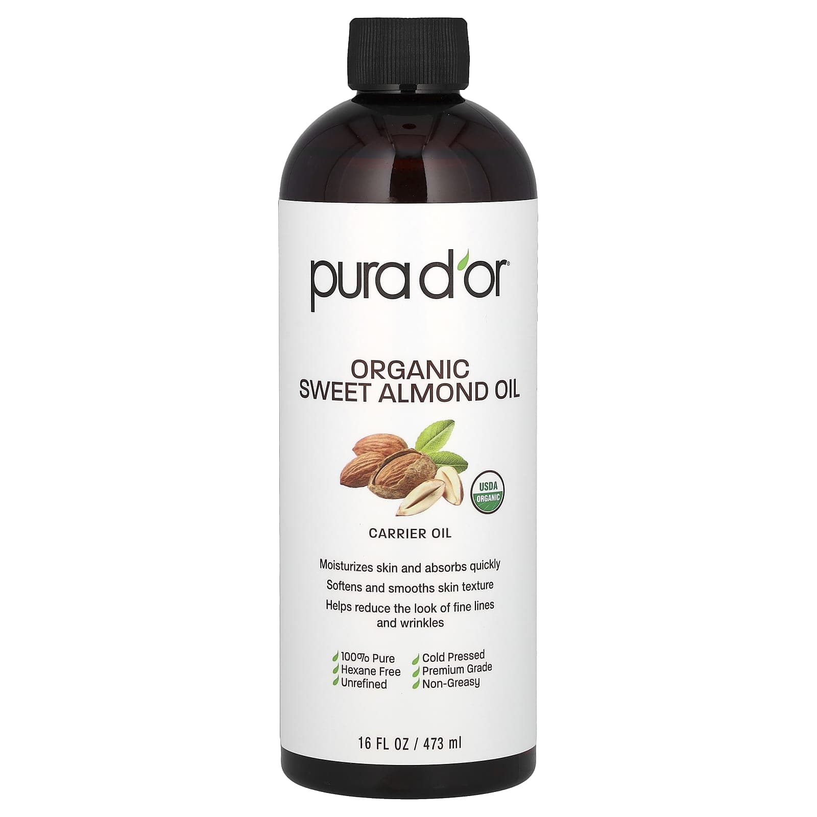 Pura D'or, Organic Sweet Almond Oil, 16 fl oz (473 ml)