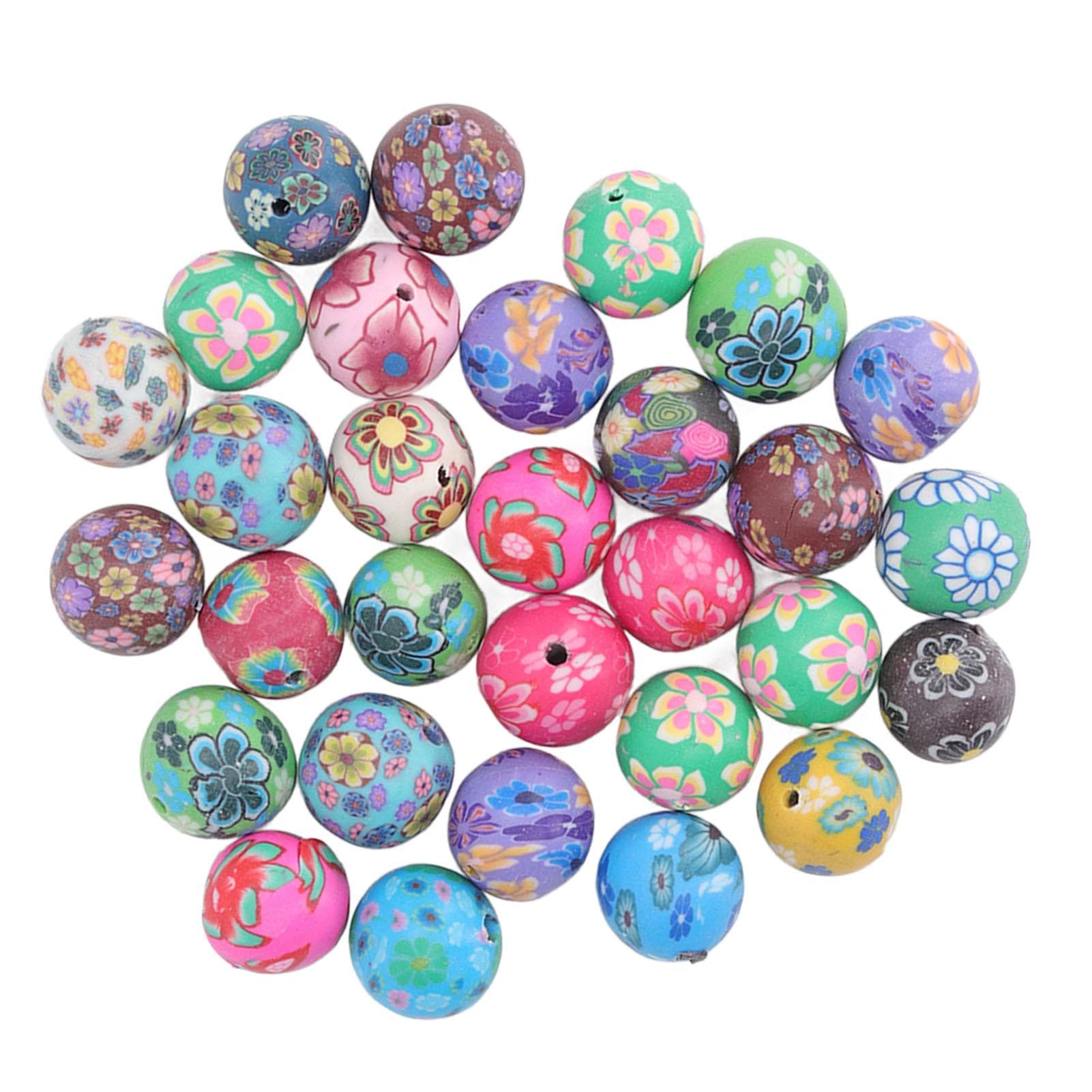 30Pcs Round Clay Beads 0.4 to 0.5in Assorted Colorful Flower Pattern Preppy Beads for Jewelry