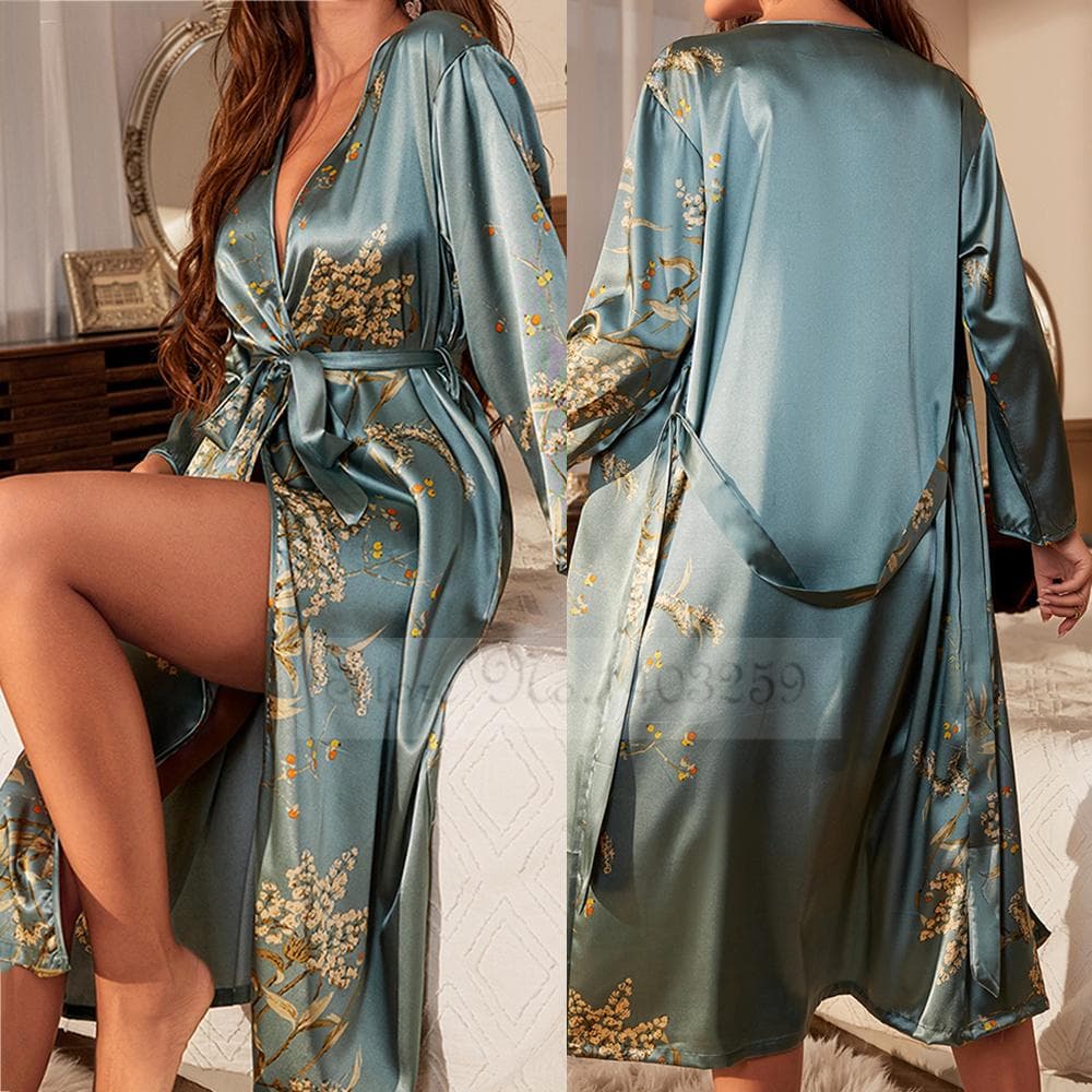 Black Print Flower Long Robe Nightgown Silk Satin Female Sleepwear Nightdress Spring Summer Loose Kimono Bathrobe Gown Home Wear S
