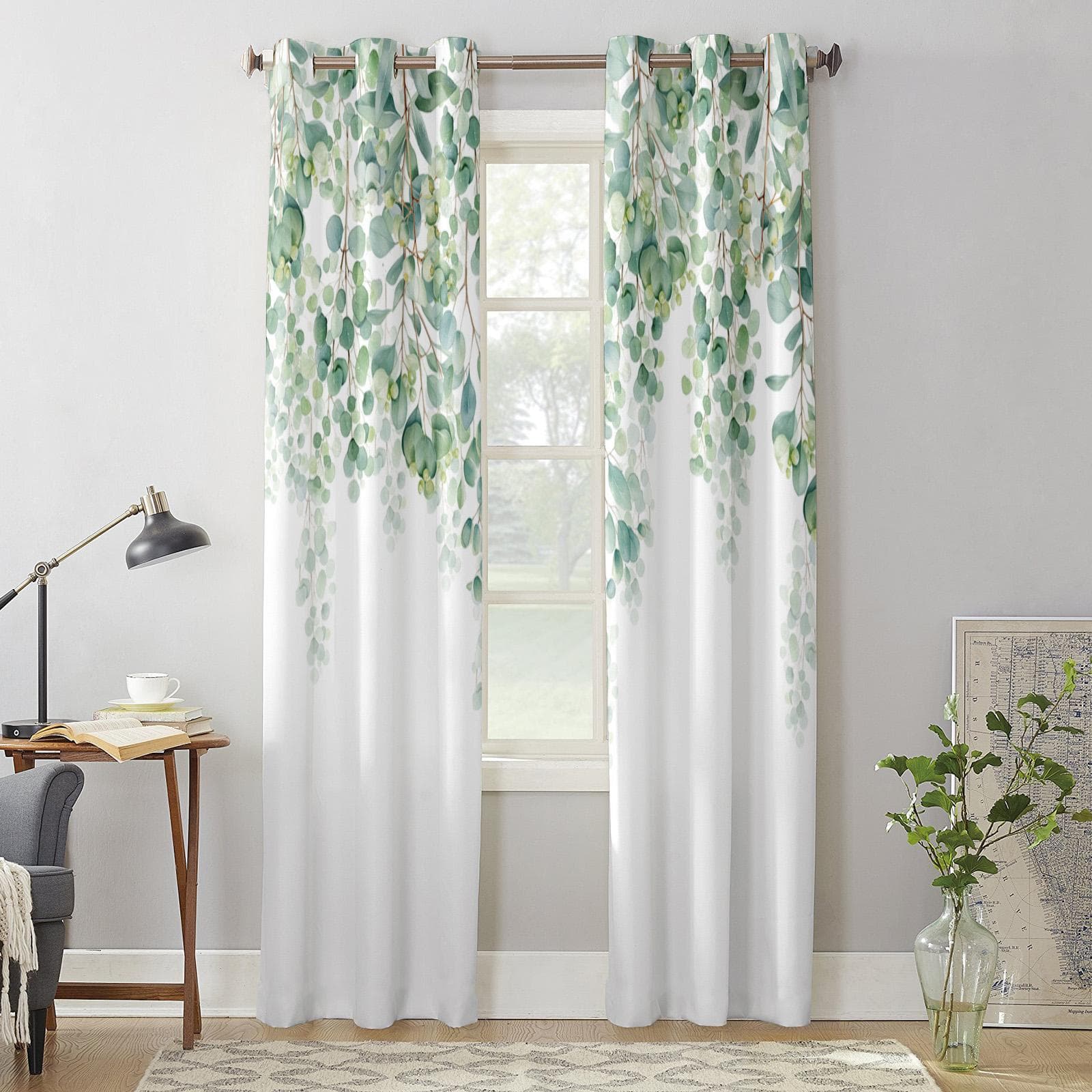 Watercolor Plants Green Leaves Window Curtains for Living Room Bedroom Curtain Modern Kitchen Blinds Drapes Curtains 135W x 60H(cm) x1