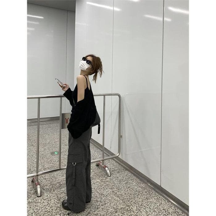 New Summer American Overalls for Women's High Waist Drawstring Trousers Showing A Slid-down Sport Wide-leg Trousers 2XL grey