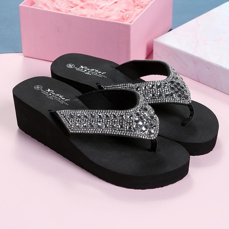 Women Slippers Thick Bottom Sponge Cake Flip Flops Seaside Vacation Outerwear Eva Beach Clip Women's Summer Platform Slippers 38 black