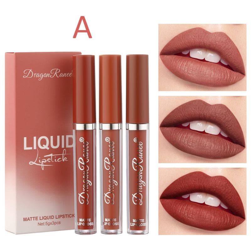 Makeup 3 Color Matte Lip Glaze Set Matte Waterproof Non-stick Cup Air Velvet Lip Gloss Lipstick Set Box A