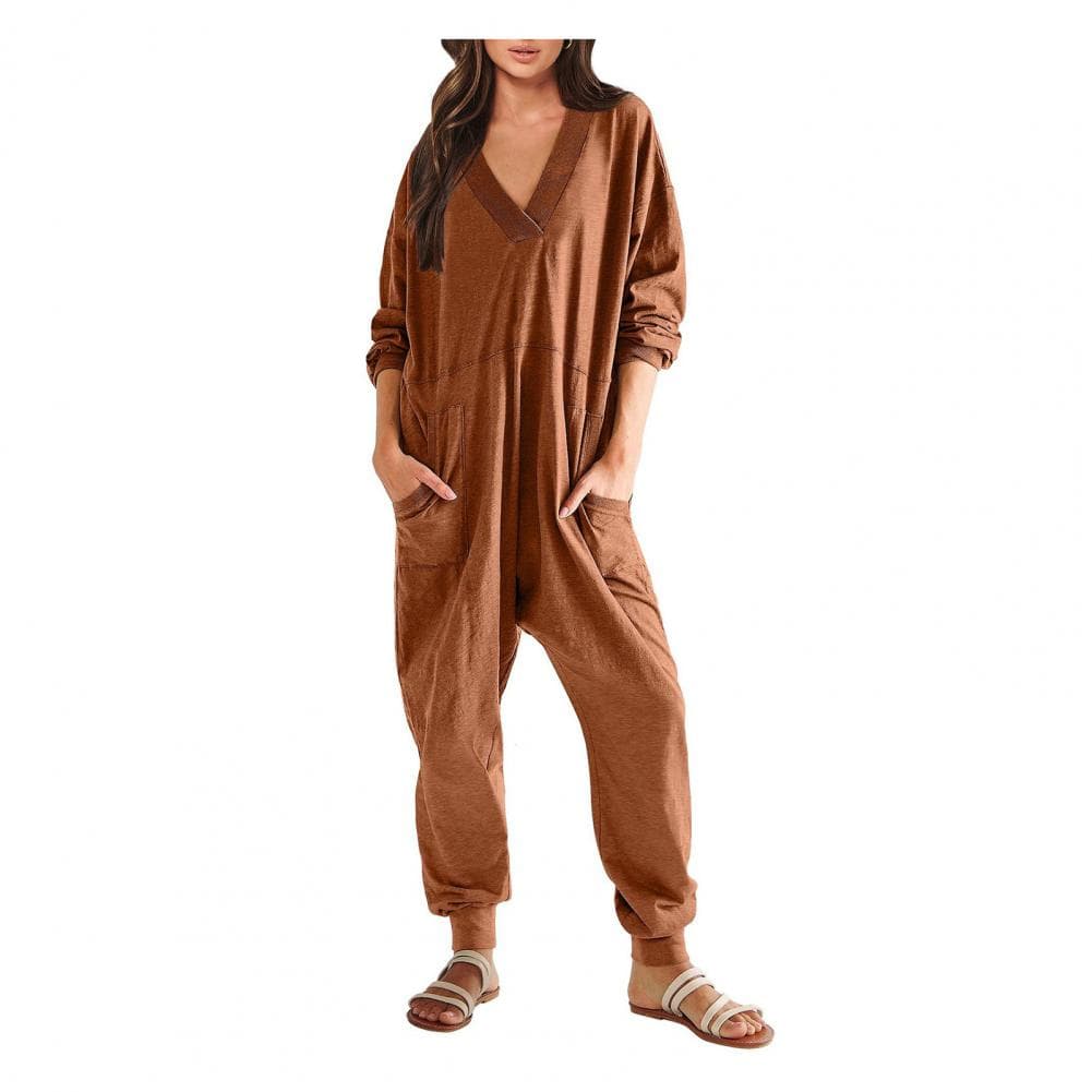 Women Fall Winter Jumpsuit V Neck Long Sleeve Loose Oversized Solid Color Pockets Deep Crotch Baggy Ankle-banded Soft Lady Pajam M brick red