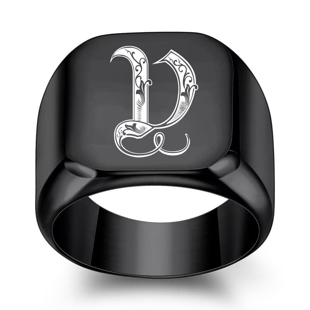 Retro Initials Signet Ring for Men Bulky Heavy Stamp Male Band Stainless Steel Letters Jewelry 15