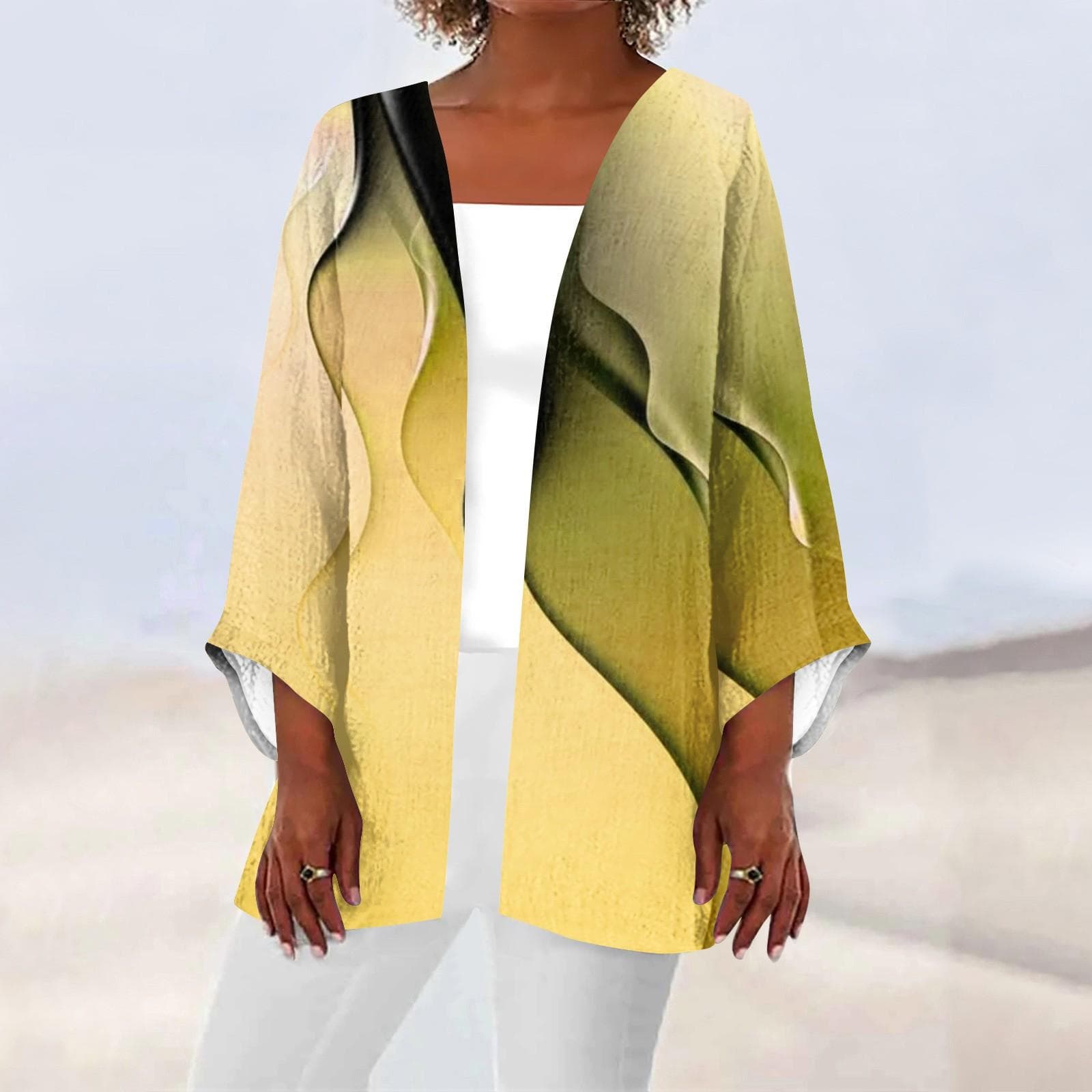 Women's Casual Fashion Printed Lightweight Mid-length Jacket Cardigan M yellow