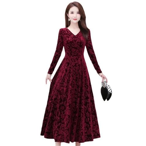 New Women's Fashion Autumn Winter Long Sleeve Elegant One Piece Solid Color Velvet O-neck Party Long Dress Vestido Plus Size M red