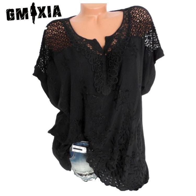 GMXIA Women's Fashion Casual Summer Embroider Solid Color Short Sleeve V-Neck Blouses & Shirts 5XL black