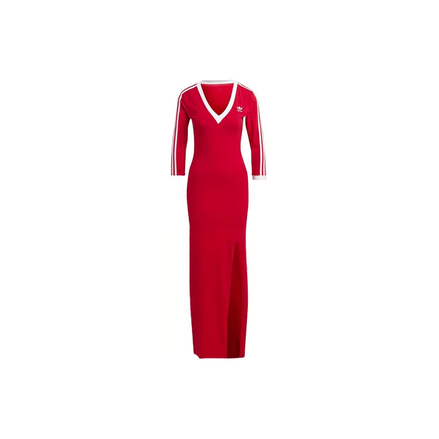 Adidas Originals Adicolor Classics 3-Stripes Maxi Dress With V-Neck And Half Sleeves Women Dress Red II0750 S