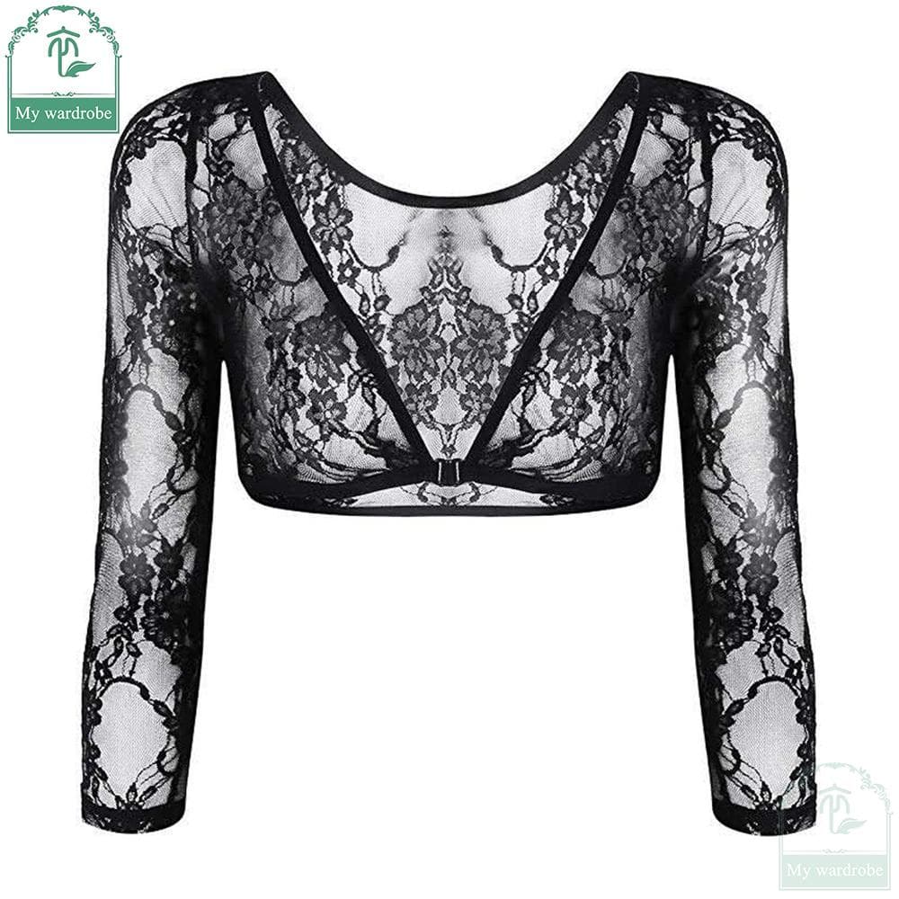 Women Tops Clothes Long Sleeve Floral Lace Vintage Dress Shrug Bolero Cardigan Slim Lace Jacket See-trough S
