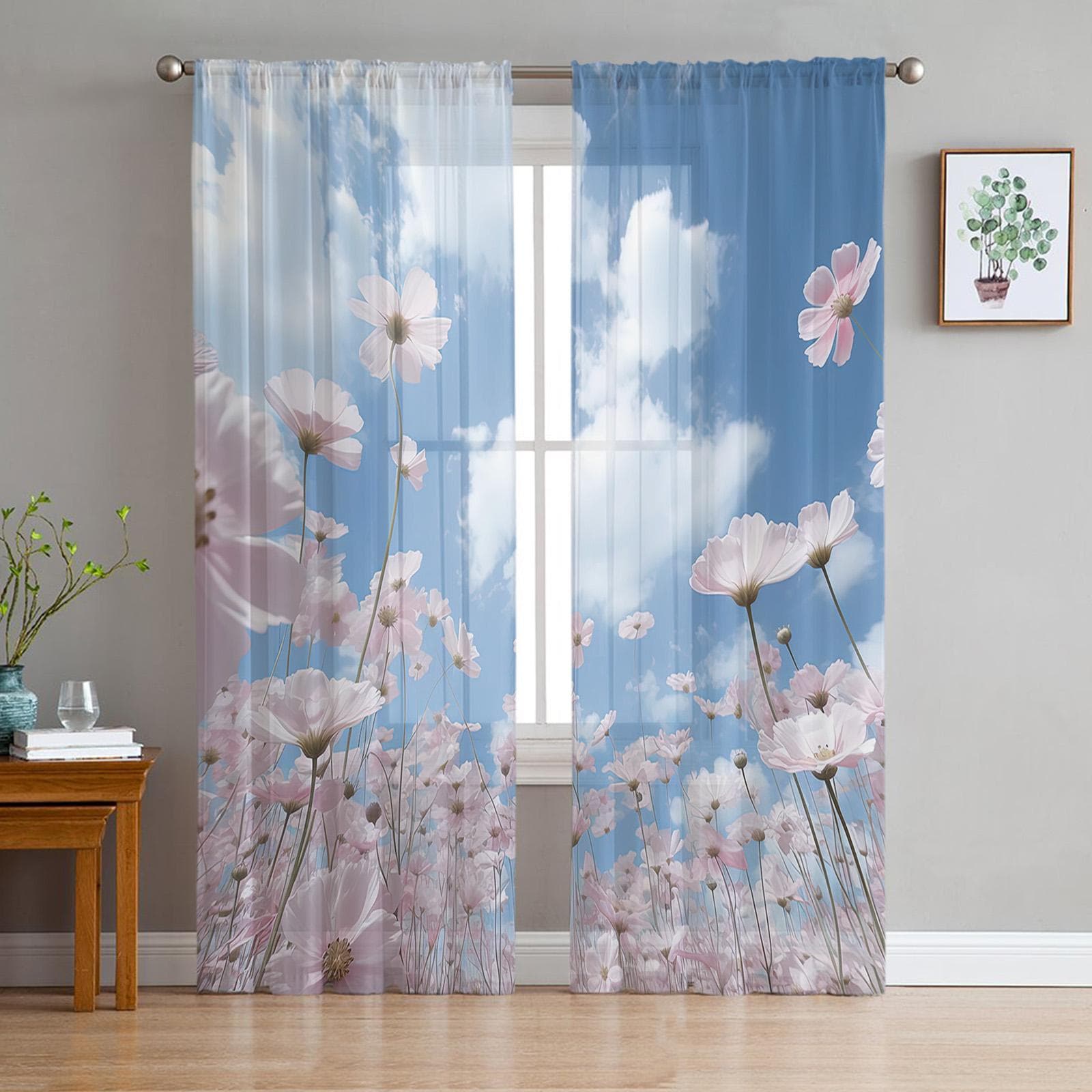 Sky White Clouds Flower Buds Window Curtains For Living Room Bedroom Kitchen Chiffon Sheer Window Treatment 135W x 114H(cm)