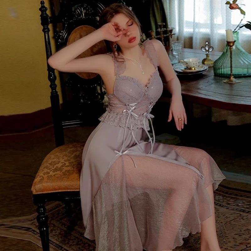 Nightgown Set Women's Sexy Satin Deep V Solid Color Nightgown with Padded Lace Backless Slip Dress Pajamas L