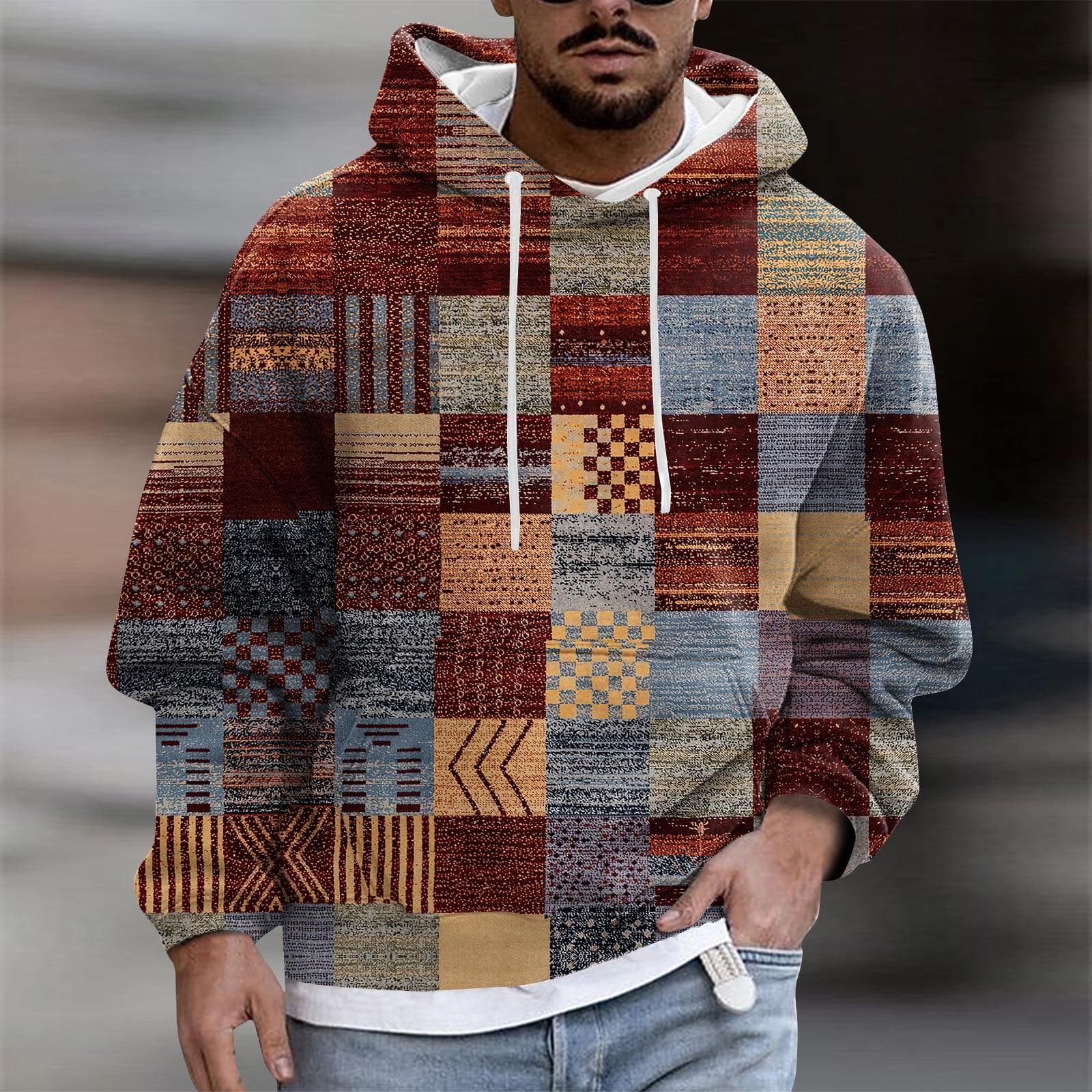 Men's Print Plush Warm Coat Fleece Sweater Casual Coat Pocket Sweater Autumn Winter Coat XXXL wine