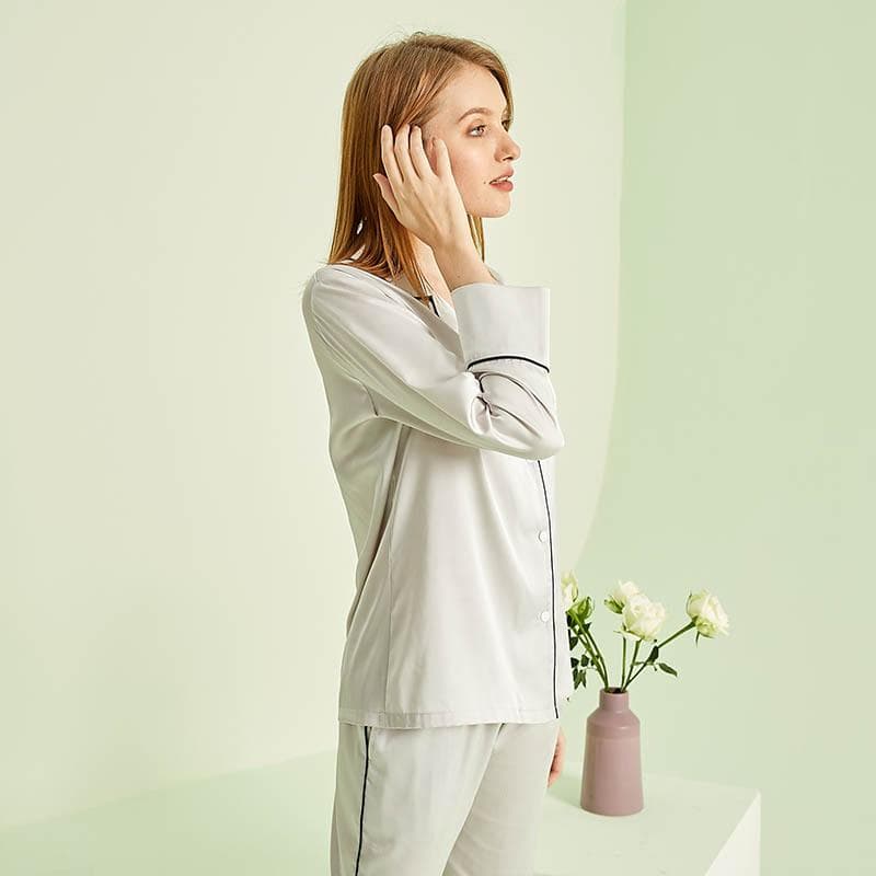 Long-sleeved Satin Cardigan Trousers Pajamas Loose Casual Home Wear Pajamas Women Solid Color Pajamas L