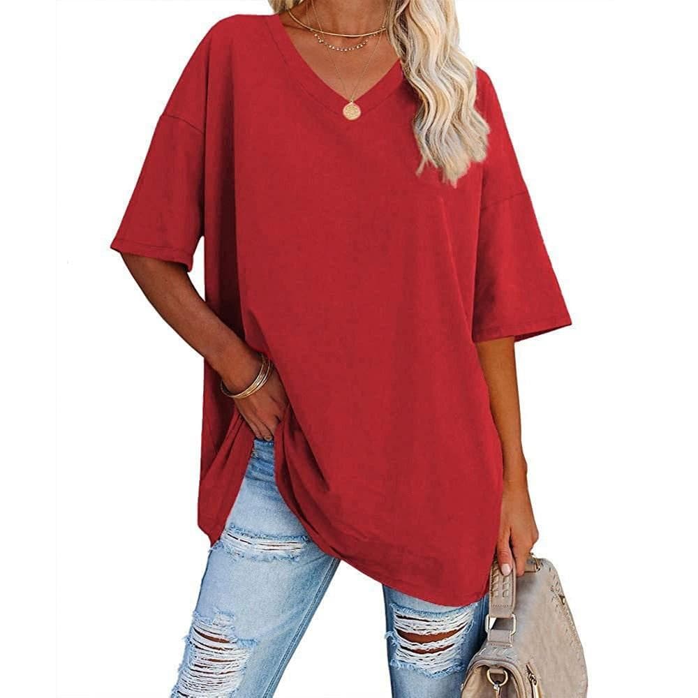 Summer Women's T-shirt Casual Solid Color V-Neck Large Size Loose Short Sleeve Top XL red